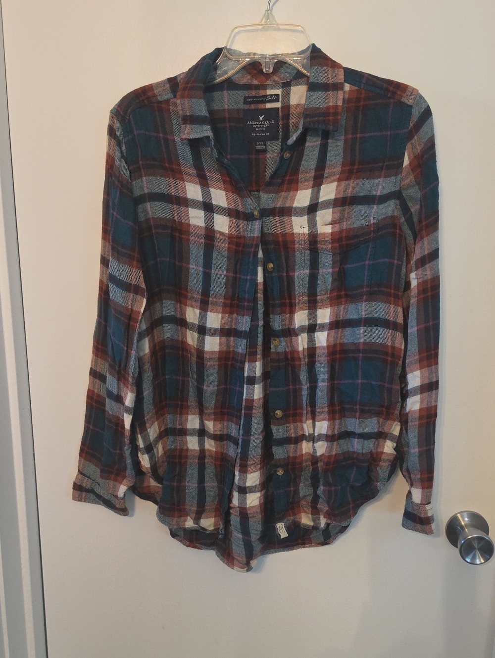 American Eagle Outfitters Teal, Brown & White Plaid Button-Down Shirt